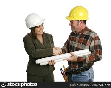 A female architect or engineer meeting with a building contractor. Isolated on white. (focus on woman&rsquo;s face)