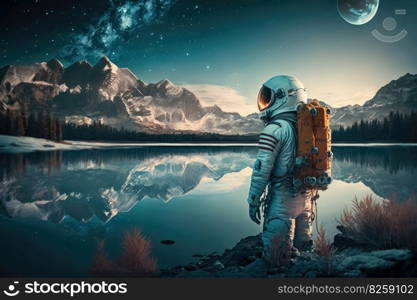 A female astronaut stands by a lake and looks at the stars created with generative AI technology