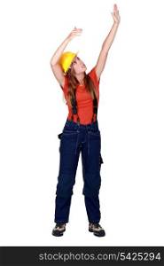 A female construction worker gesturing.