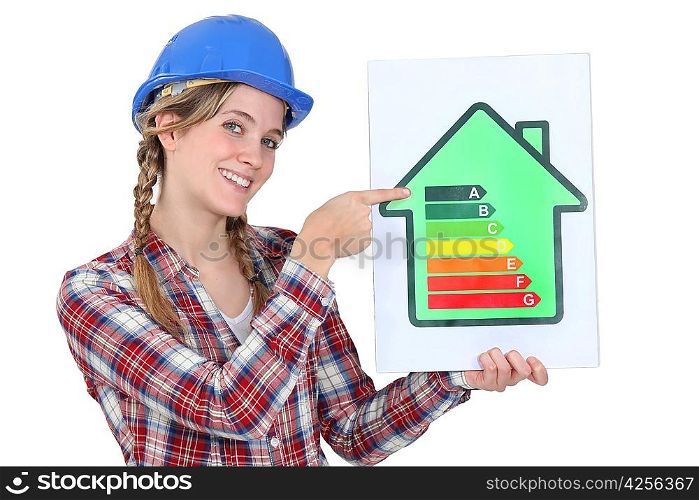A female construction worker promoting energy savings.