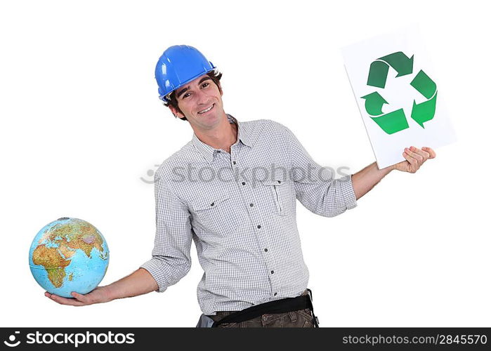 A female construction worker promoting recycling.