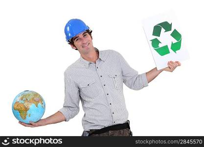 A female construction worker promoting recycling.