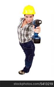 A female construction worker using a drill as a gun.