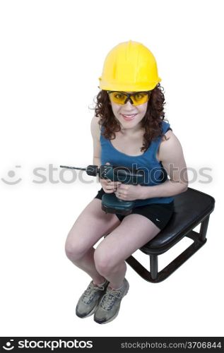 A Female Construction Worker wearing a hard hat and safety glasses
