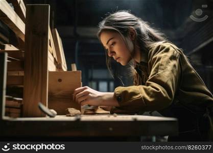A female craftsman builds a shelf created with generative AI technology