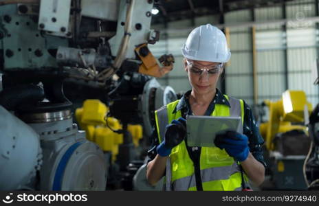 A female engineer installs a program on a robotics arm in a robot warehouse. And test the operation before sending the machine to the customer.