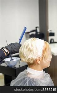A female hairdresser is dyeing the hair of a young female client in white color in a hair salon. Hairdresser is dyeing the hair