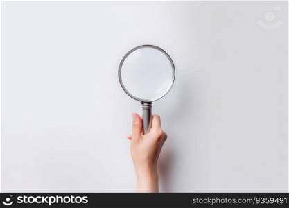 A female hand holding a magnifying glass isolated on a white background. Generative AI