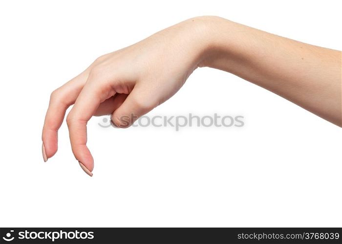A Female hand is showing the walking fingers isolated on a white background