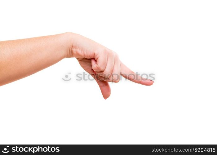 A female hand pointing his finger downwards
