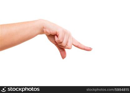 A female hand pointing his finger downwards