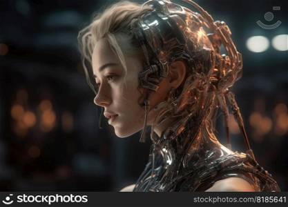 A female human cyborg portrait 1000 years in the future created with generative AI technology