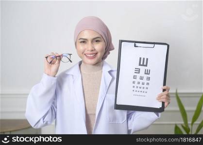 A female muslim ophthalmologist holding a vision chart test for measuring visual acuity. Female muslim ophthalmologist holding a vision chart test for measuring visual acuity