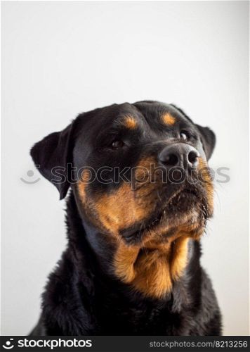 A female rottweiler breed dog posing on a white background
