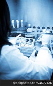A female scientist working at the lab in a sterile environment (in blue tone)
