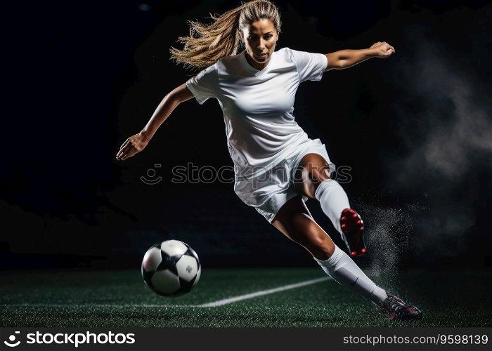 A female soccer player kicking the ball