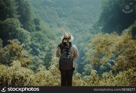 A female standing on a hill looking over the jungle. Female standing on a hill looking over the jungle