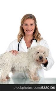A female vet posing with a cute dog.