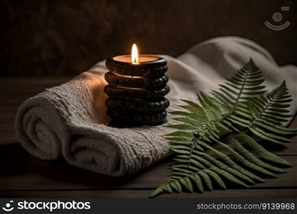 A fern towel with candles and black hot stone on a wooden. Illustration Generative AI 