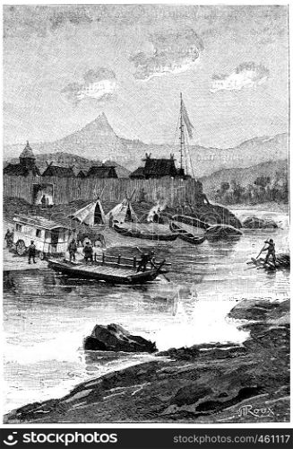 A ferry transported the Belle Caravan on the right bank, vintage engraved illustration. Jules Verne Cesar Cascabel, 1890.