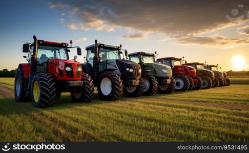 A few different tractors standing in a row on the field ready for the harvest