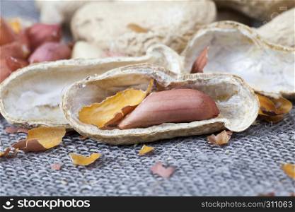 A few shell-roasted husks and peanut nuts lying on a linen tablecloth or napkin are shelled , with husks and debris. peanut nuts