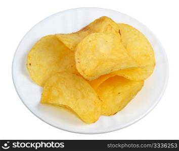 A few slices of potato chips in a white plate, isolated