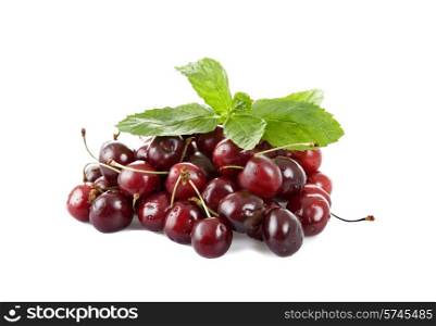 a few wet cherries isolated on white background