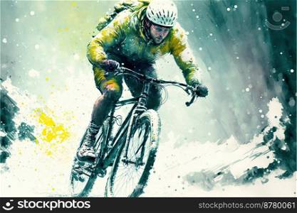 A fictional person, winter cyclist extreme sport, man on a bike, Ai generated