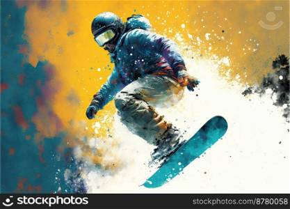 A fictional person, winter snowboarding extreme sport, man on a snowboard, Ai generated