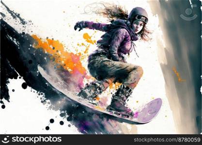 A fictional person, winter snowboarding extreme sport, man on a snowboard, Ai generated