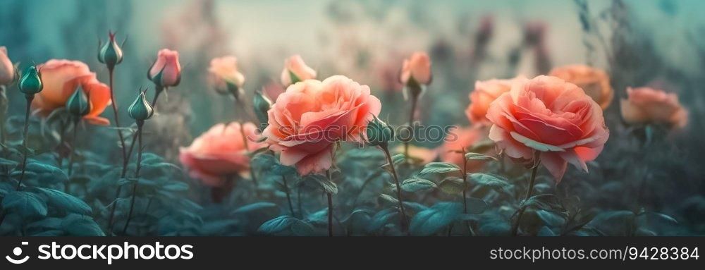 A field of delicate red coral roses. Long banner with rose flowers. Roses grow in the garden or in the field. A field of delicate red coral roses. Long banner with rose flowers. Roses grow in the garden or in the field.