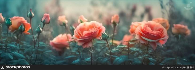 A field of delicate red coral roses. Long banner with rose flowers. Roses grow in the garden or in the field. A field of delicate red coral roses. Long banner with rose flowers. Roses grow in the garden or in the field.