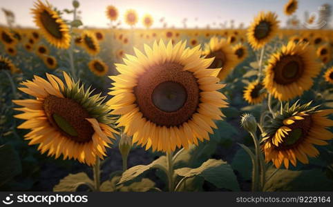A field of mature sunflowers during the summer afternoon. Farm organic agriculture. AI generated.. A field of mature sunflowers during the summer afternoon. AI generated.