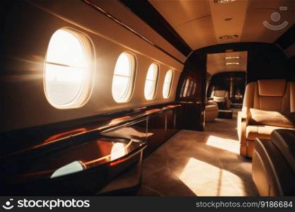 A first class area in a business jet with the sunset through a window created with generative AI technology