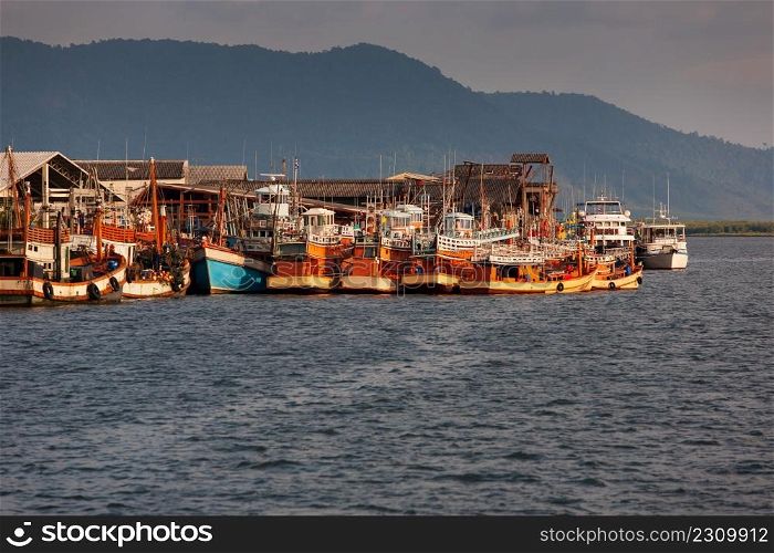 A fishing port in the Andaman Sea or Burma Sea near Thailand and Myanmar border.
