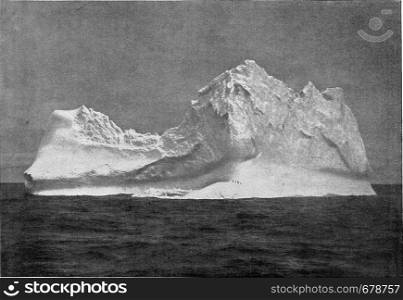 A floating iceberg in the Southern region of Pele, vintage engraved illustration. From the Universe and Humanity, 1910.