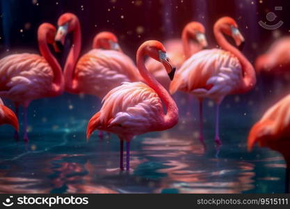 A flock of pink flamingos standing in the water, generative ai