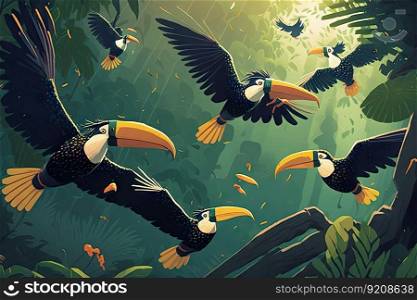 a flock of tucans flying over a lush rainforest, created with generative ai. a flock of tucans flying over a lush rainforest
