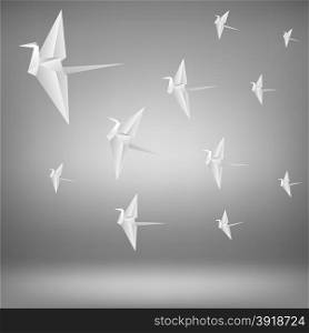 A Flock of White Paper Birds on Grey Background. Paper Birds