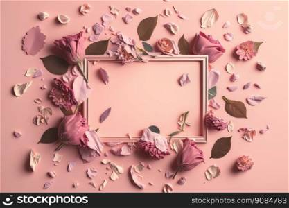 A floral frame with rose flowers and petals on a pink background. Illustration Generative AI 