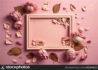 A floral frame with rose flowers and petals on a pink background. Illustration Generative AI 