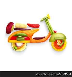 A food concept of a classic retro scooter Vespa for summer travelling made of fruits and vegs isolated on white.