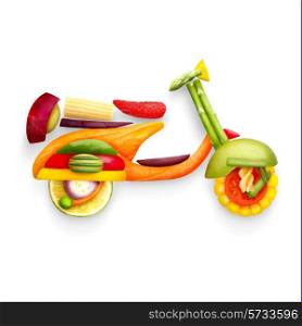A food concept of a classic retro scooter Vespa for summer travelling made of fruits and vegs isolated on white.