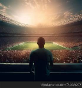 A football fan supports his favorite team at a stadium. cheering fan silhouette, sport game concept ch&ion. A football fan supports his favorite team at a stadium. cheering fan silhouette, sport game concept