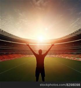 A football fan supports his favorite team at a stadium. cheering fan silhouette, sport game concept ch&ion. A football fan supports his favorite team at a stadium. cheering fan silhouette, sport game concept