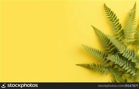 A forest fern bouquet on a pastel yellow background with empty copyspace. Botanical concept. Flat lay. Created with generative AI tools. A forest fern bouquet on a pastel yellow background. Created by generative AI