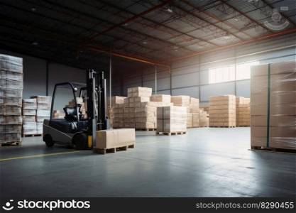 A forklift loading boxes and pallets in a large warehouse created with generative AI technology