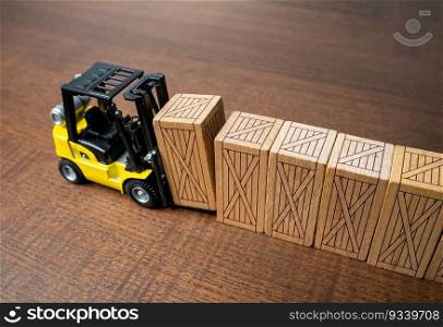 A forklift transports wooden crates. Transportation industry. Transport department. Warehousing, logistics concept. Sign large contracts for the purchase and supply of equipment. Humanitarian missions