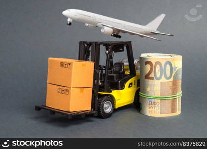 A forklift truck carries cardboard boxes and Euros roll. Transport company. Performance efficient. Trade and production of products and goods, balance import export. development of the global economy